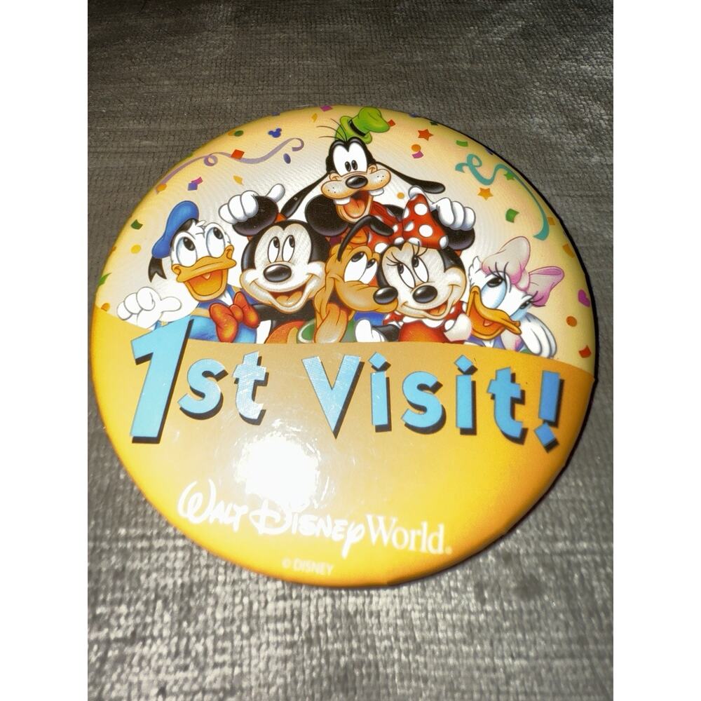 Vintage Disneyland “1st Visit” Button Pin Mickey Minnie Goofy Pinback DISNEY